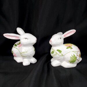 Ceramic Bunny Rabbit Figurines Spring Floral Design Decor Set Of 2